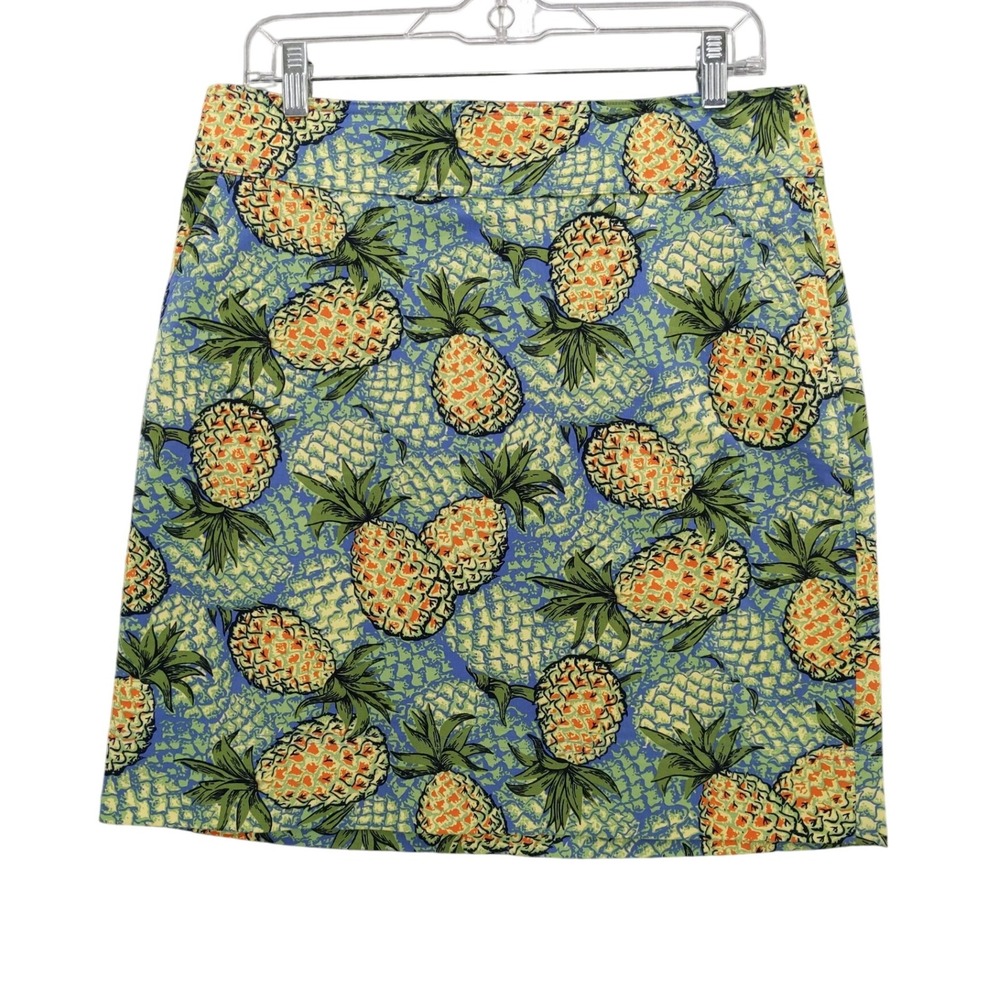 Talbots Pineapple Print Skirt Women's Blue Green Yellow Size 8 Stretch Cotton